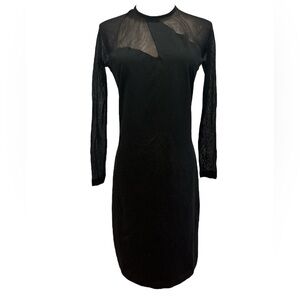 90s STYLEWORKS BLACK ILLUSION SLEEVES & CHEST ASYMMETRIC DETAIL MIDI DRESS SZ 12